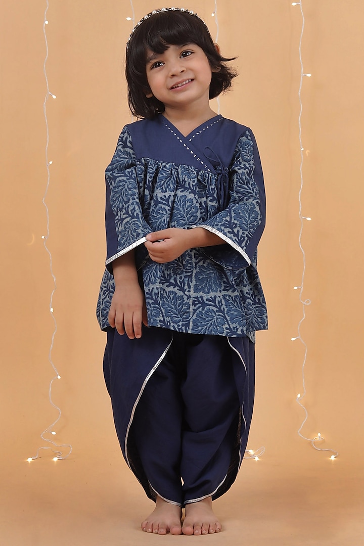 Indigo Blue Cotton Slub Dhoti Set For Girls by Tjori India pvt ltd at Pernia's Pop Up Shop