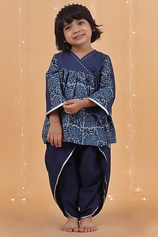 Indigo Blue Cotton Slub Dhoti Set For Girls by Tjori India pvt ltd