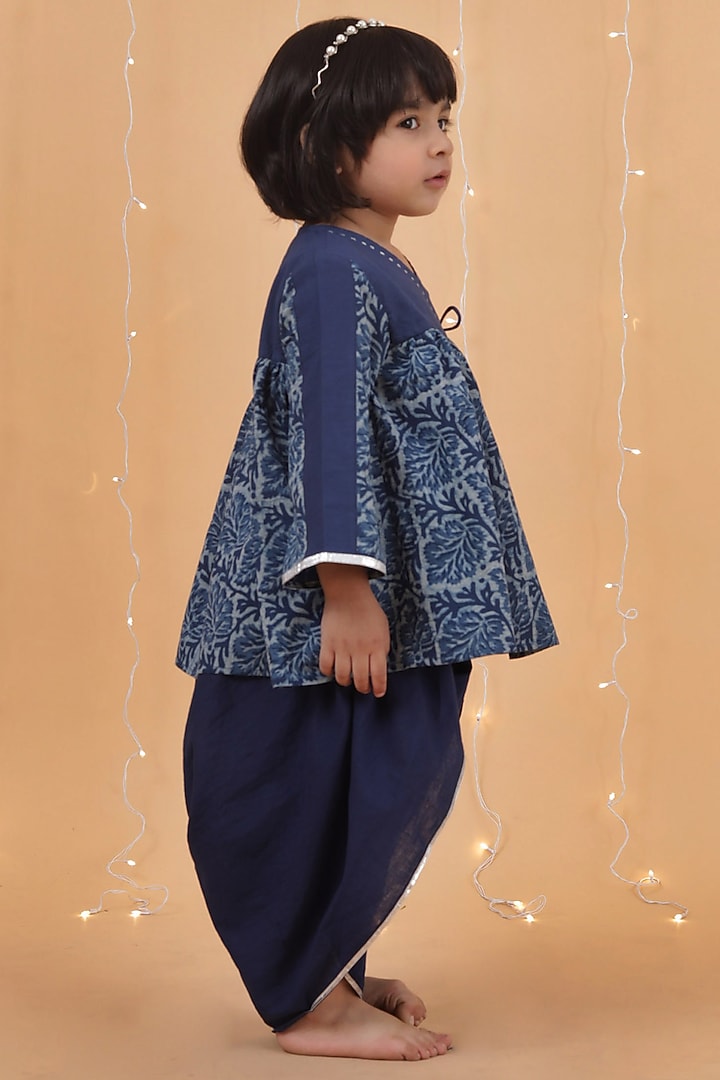 Indigo Blue Cotton Slub Dhoti Set For Girls by Tjori India pvt ltd at Pernia's Pop Up Shop