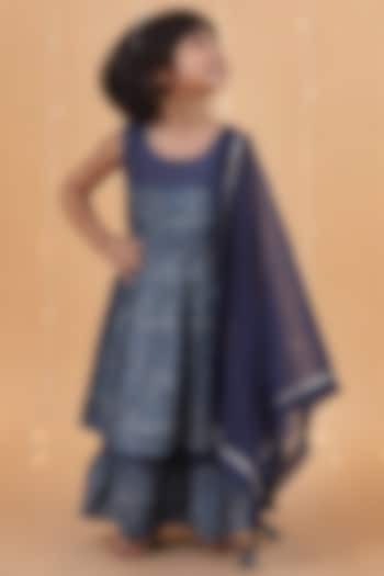Indigo Blue Cotton Slub Printed Kurta Set For Girls by Tjori India pvt ltd at Pernia's Pop Up Shop