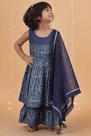 Indigo Blue Cotton Slub Printed Kurta Set For Girls by Tjori India pvt ltd