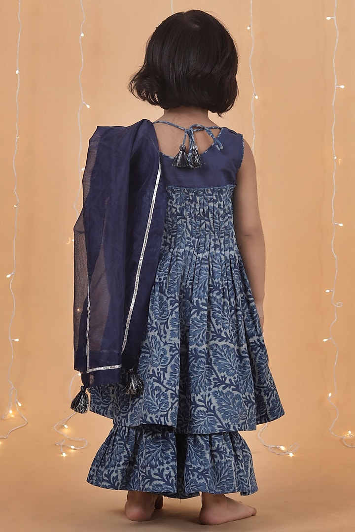 Indigo Blue Cotton Slub Printed Kurta Set For Girls by Tjori India pvt ltd at Pernia's Pop Up Shop