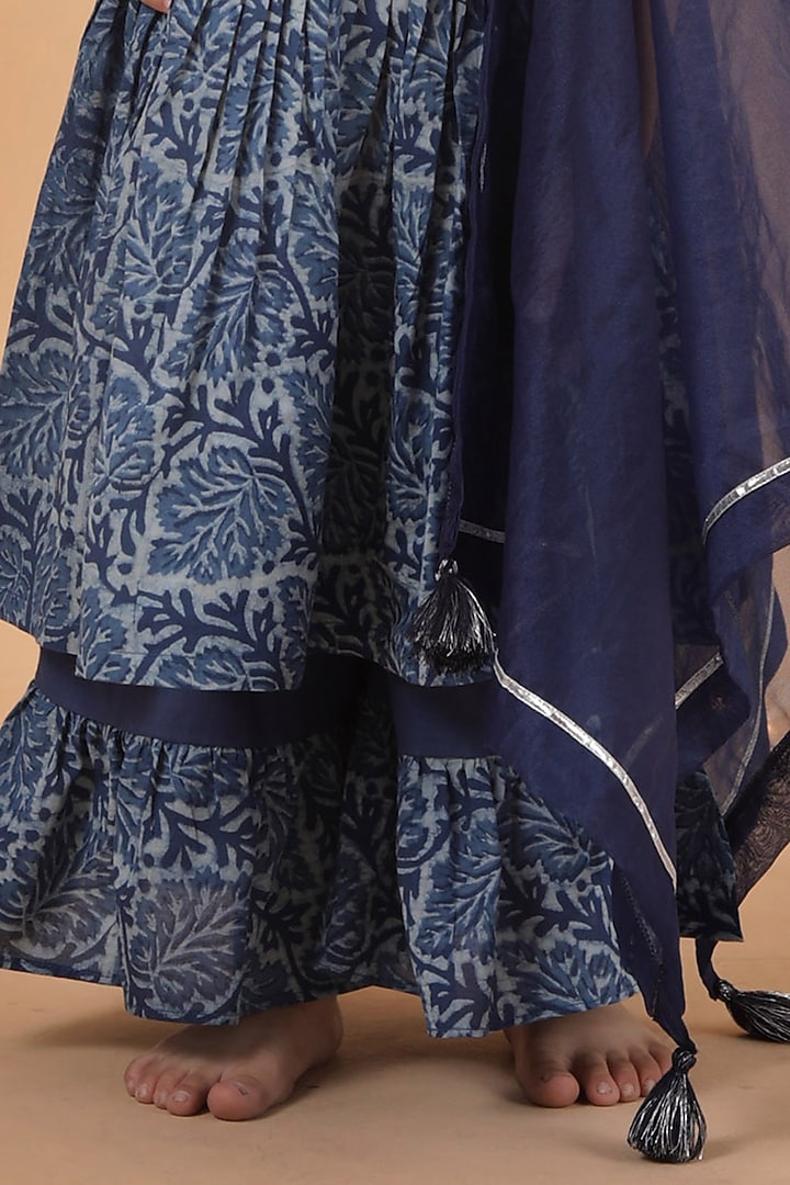 Indigo Blue Cotton Slub Printed Kurta Set For Girls by Tjori India pvt ltd at Pernia's Pop Up Shop