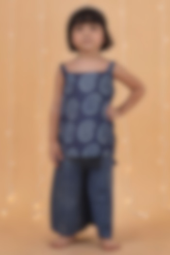 Indigo Blue Premium Cotton Printed Straight Kurta Set For Girls by Tjori India pvt ltd at Pernia's Pop Up Shop