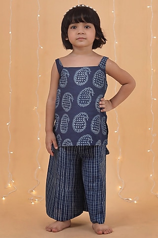 Indigo Blue Premium Cotton Printed Straight Kurta Set For Girls by Tjori India pvt ltd