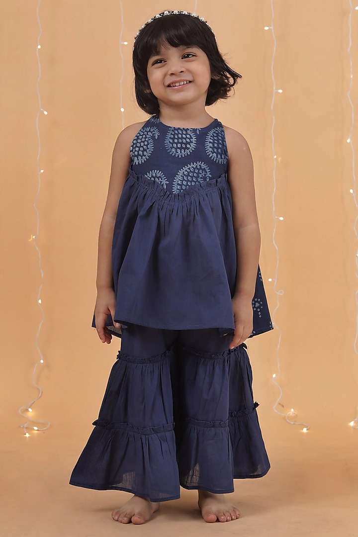 Indigo Blue Premium Cotton Printed Tiered Sharara Set For Girls by Tjori at Pernia's Pop Up Shop