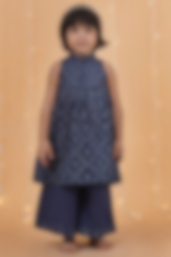 Indigo Blue Cotton Slub Printed Flared Kurta Set For Girls by Tjori India pvt ltd at Pernia's Pop Up Shop