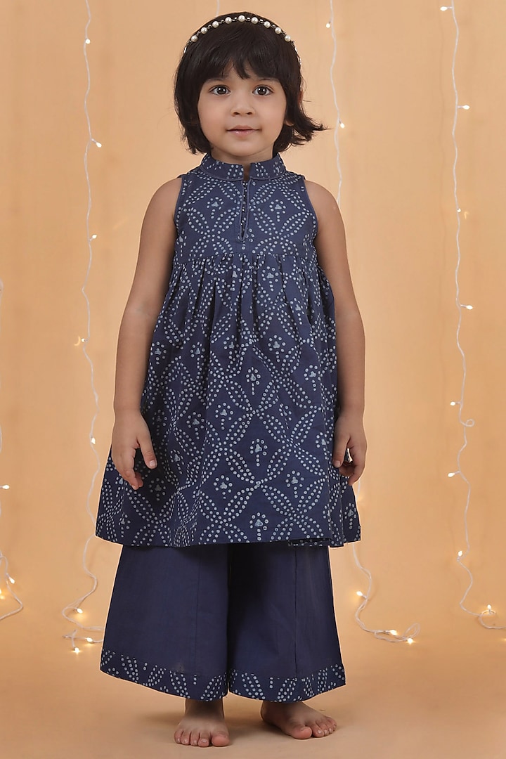 Indigo Blue Cotton Slub Printed Flared Kurta Set For Girls by Tjori India pvt ltd at Pernia's Pop Up Shop