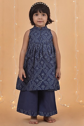 Indigo Blue Cotton Slub Printed Flared Kurta Set For Girls by Tjori India pvt ltd