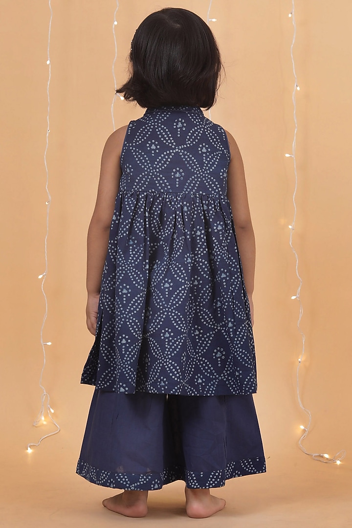 Indigo Blue Cotton Slub Printed Flared Kurta Set For Girls by Tjori India pvt ltd at Pernia's Pop Up Shop