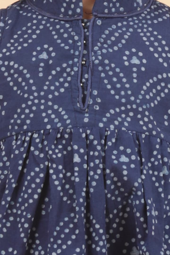 Indigo Blue Cotton Slub Printed Flared Kurta Set For Girls by Tjori India pvt ltd at Pernia's Pop Up Shop