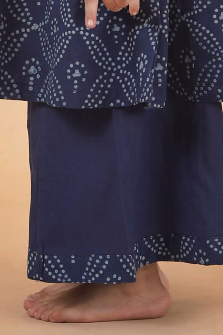 Indigo Blue Cotton Slub Printed Flared Kurta Set For Girls by Tjori India pvt ltd at Pernia's Pop Up Shop
