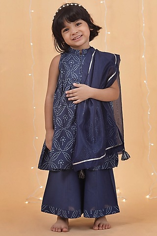 Indigo Blue Cotton Slub Hand Block Printed Kurta Set For Girls by Tjori India pvt ltd