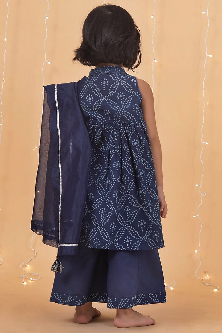 Indigo Blue Cotton Slub Hand Block Printed Kurta Set For Girls by Tjori India pvt ltd at Pernia's Pop Up Shop