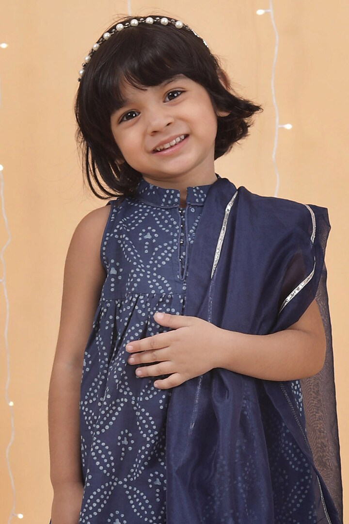 Indigo Blue Cotton Slub Hand Block Printed Kurta Set For Girls by Tjori India pvt ltd at Pernia's Pop Up Shop