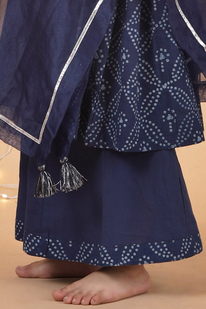 Indigo Blue Cotton Slub Hand Block Printed Kurta Set For Girls by Tjori India pvt ltd at Pernia's Pop Up Shop