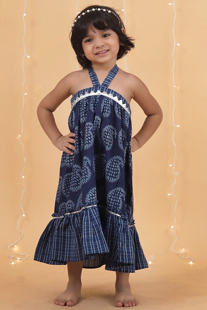 Indigo Blue Cotton Slub Printed Checkered Tiered Dress For Girls by Tjori at Pernia's Pop Up Shop