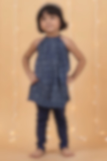 Indigo Blue Cotton Slub Printed Gathered Kurta Set For Girls by Tjori India pvt ltd at Pernia's Pop Up Shop