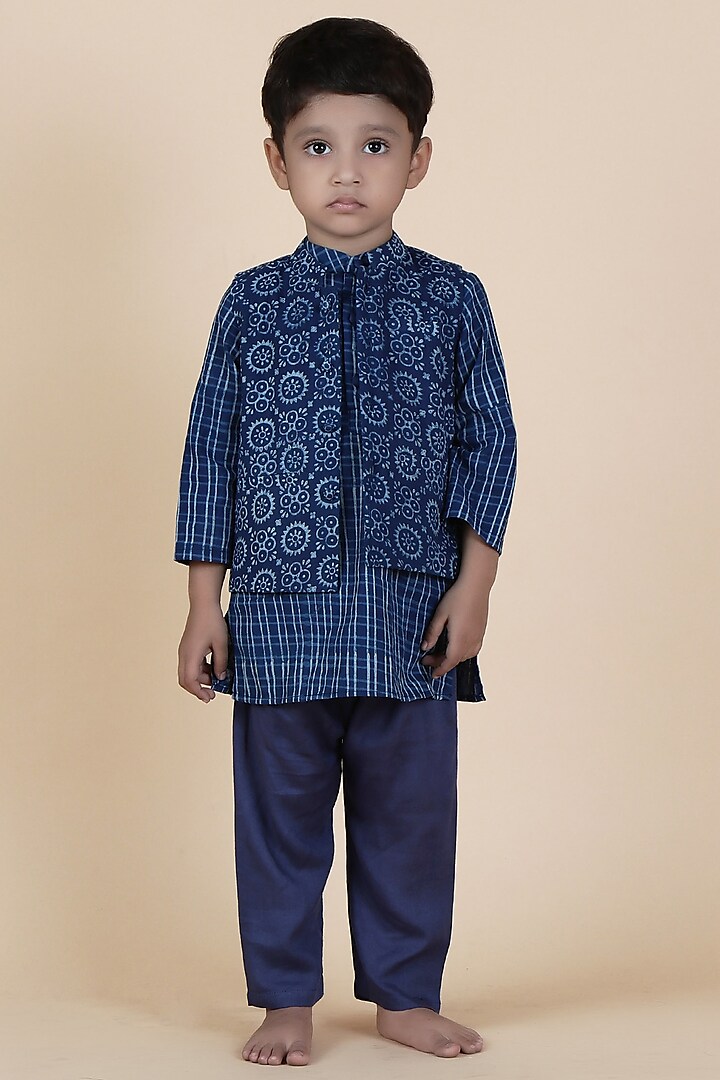 Indigo Blue Cotton Slub Printed Nehru Jacket Set For Boys by Tjori