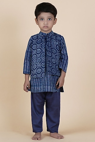 Indigo Blue Cotton Slub Printed Nehru Jacket Set For Boys by Tjori India pvt ltd
