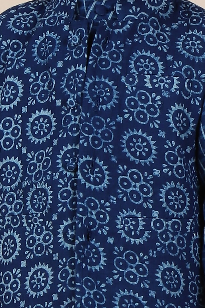Indigo Blue Cotton Slub Printed Nehru Jacket Set For Boys by Tjori India pvt ltd at Pernia's Pop Up Shop