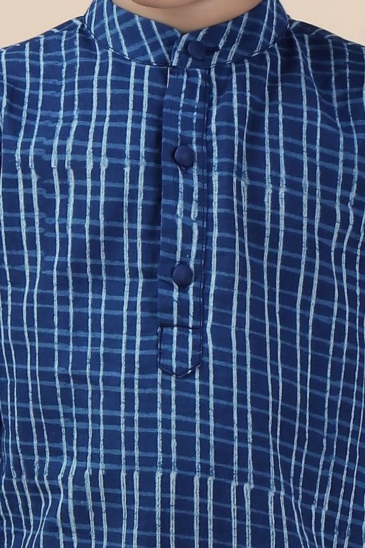 Indigo Blue Cotton Slub Printed Nehru Jacket Set For Boys by Tjori India pvt ltd at Pernia's Pop Up Shop