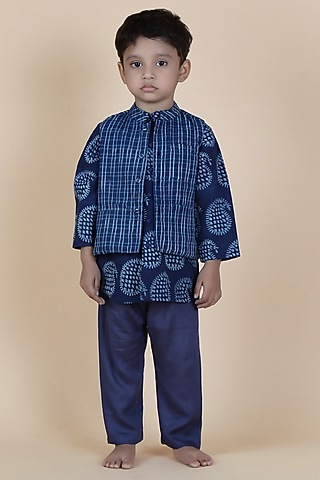 Indigo Blue Cotton Printed Nehru Jacket Set For Boys by Tjori India pvt ltd