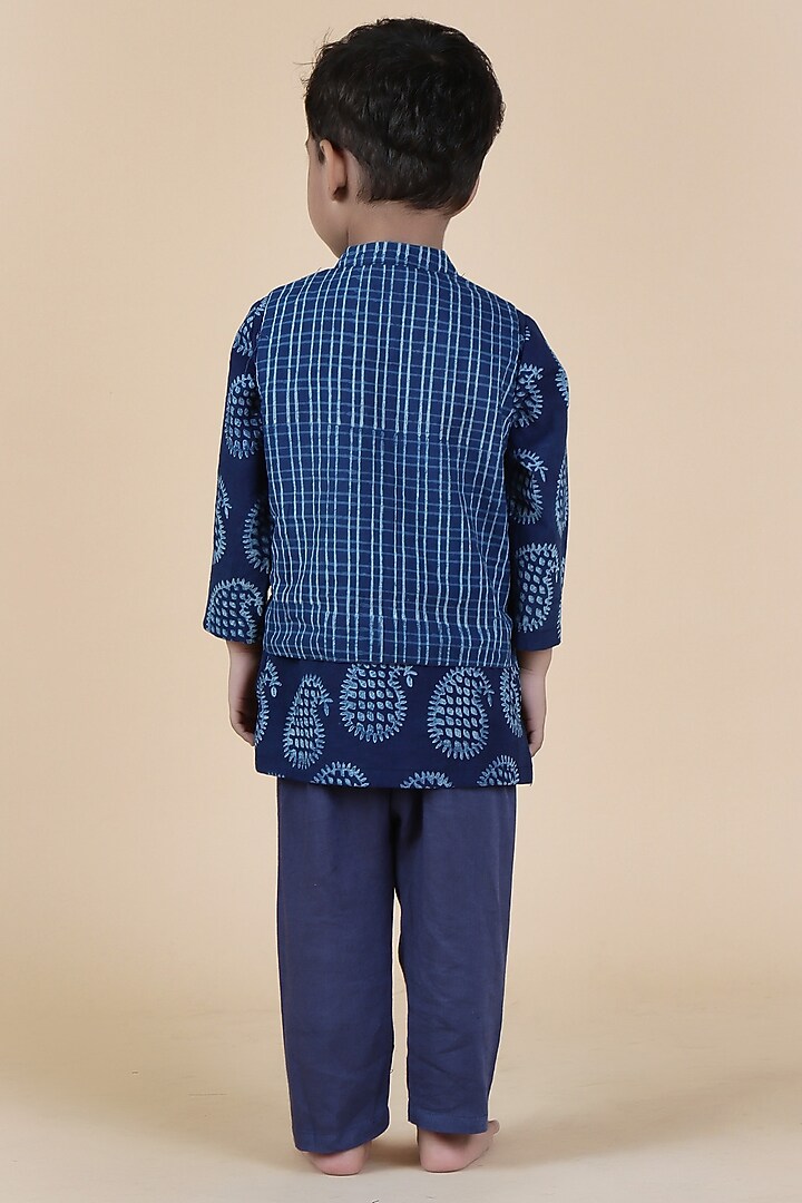 Indigo Blue Cotton Printed Nehru Jacket Set For Boys by Tjori India pvt ltd at Pernia's Pop Up Shop