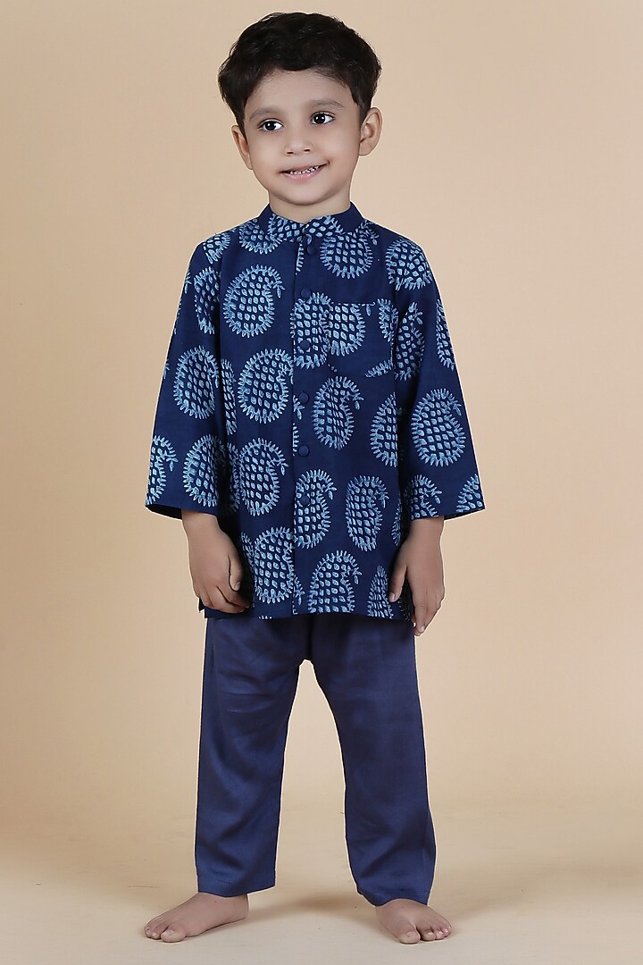 Indigo Blue Cotton Printed Nehru Jacket Set For Boys by Tjori India pvt ltd at Pernia's Pop Up Shop