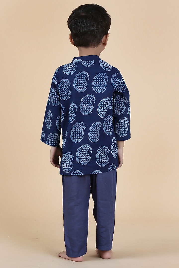 Indigo Blue Cotton Printed Nehru Jacket Set For Boys by Tjori India pvt ltd at Pernia's Pop Up Shop
