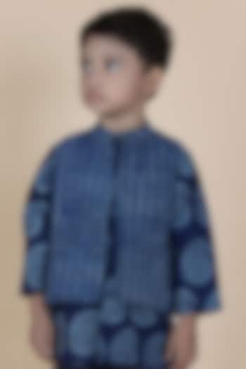 Indigo Blue Cotton Printed Nehru Jacket For Boys by Tjori