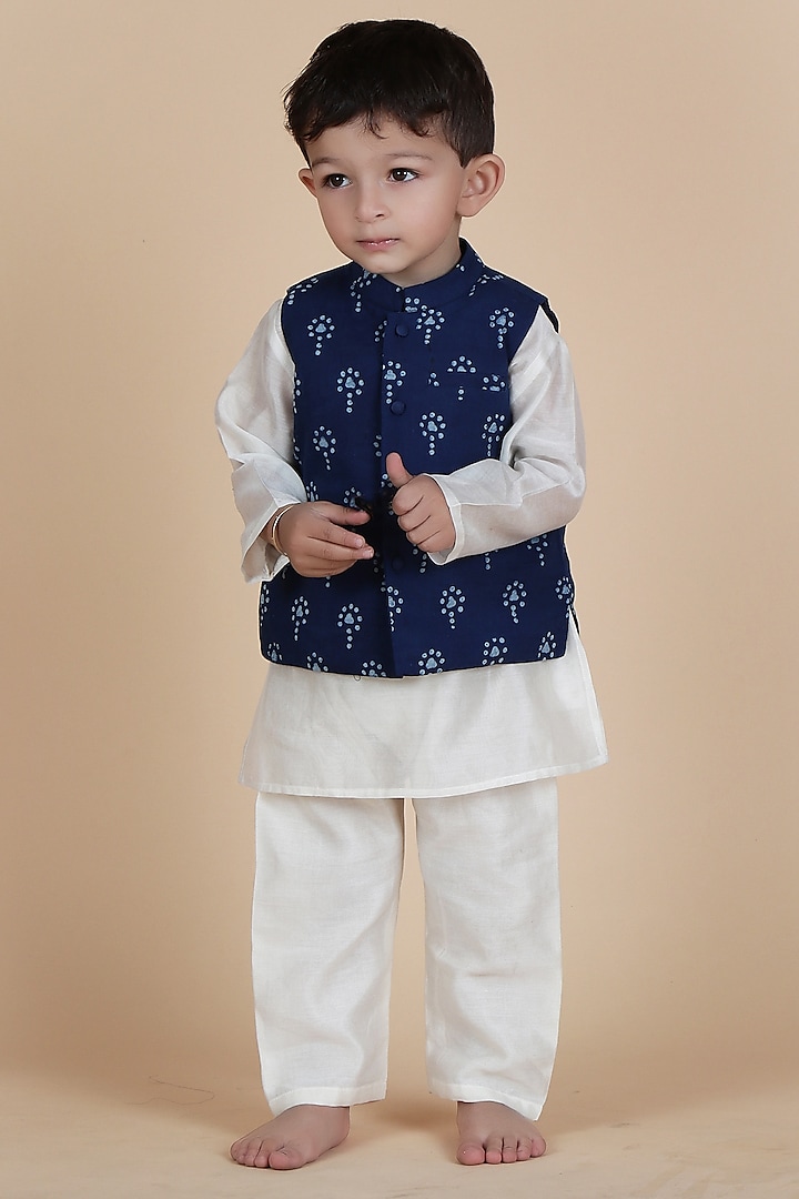 Indigo Blue Cotton Printed Nehru Jacket Set For Boys by Tjori