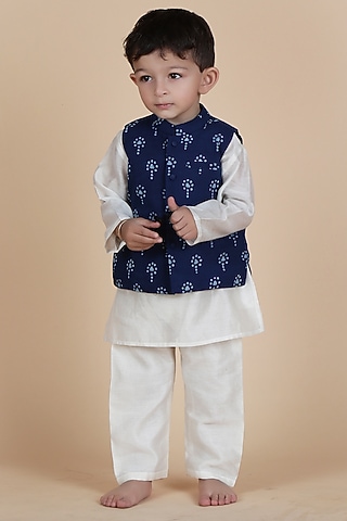 Indigo Blue Cotton Printed Nehru Jacket Set For Boys by Tjori India pvt ltd