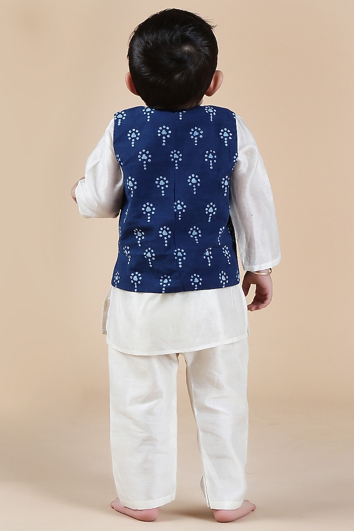 Indigo Blue Cotton Printed Nehru Jacket Set For Boys by Tjori India pvt ltd at Pernia's Pop Up Shop