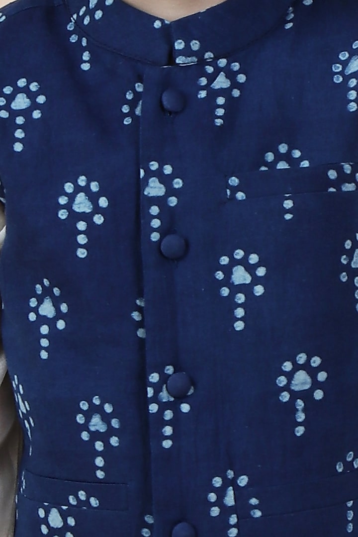 Indigo Blue Cotton Printed Nehru Jacket Set For Boys by Tjori India pvt ltd at Pernia's Pop Up Shop