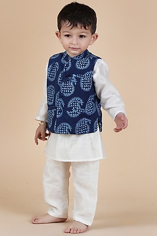 Indigo Cotton Printed Nehru Jacket With Kurta Set For Boys by Tjori India pvt ltd