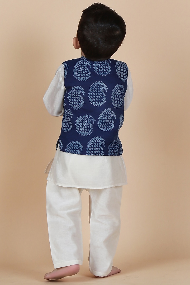 Indigo Cotton Printed Nehru Jacket With Kurta Set For Boys by Tjori India pvt ltd at Pernia's Pop Up Shop