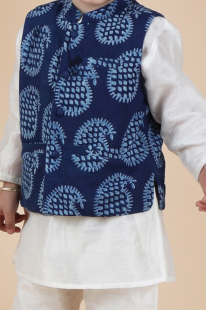 Indigo Cotton Printed Nehru Jacket With Kurta Set For Boys by Tjori India pvt ltd at Pernia's Pop Up Shop
