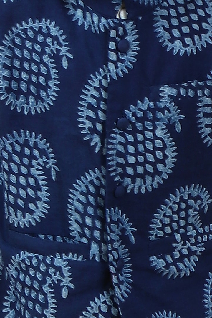 Indigo Cotton Printed Nehru Jacket With Kurta Set For Boys by Tjori India pvt ltd at Pernia's Pop Up Shop
