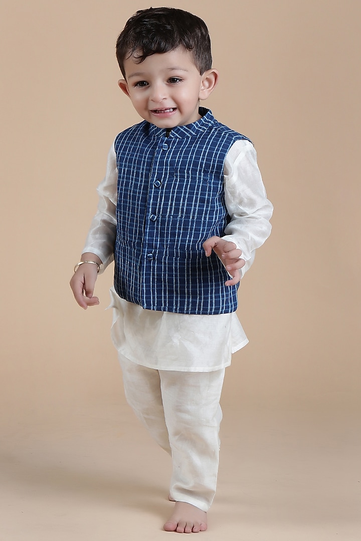 Indigo Cotton Printed Nehru Jacket With Kurta Set For Boys by Tjori