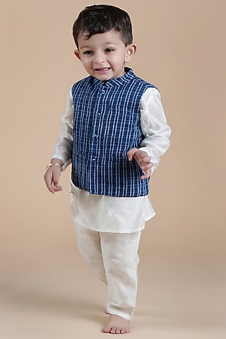 Indigo Cotton Printed Nehru Jacket With Kurta Set For Boys by Tjori India pvt ltd