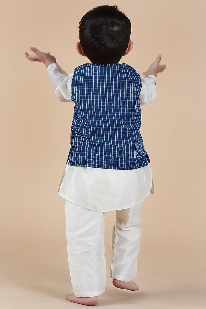 Indigo Cotton Printed Nehru Jacket With Kurta Set For Boys by Tjori India pvt ltd at Pernia's Pop Up Shop