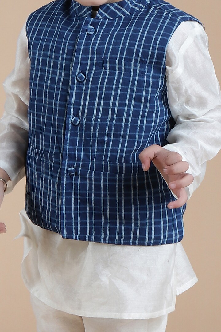 Indigo Cotton Printed Nehru Jacket With Kurta Set For Boys by Tjori India pvt ltd at Pernia's Pop Up Shop