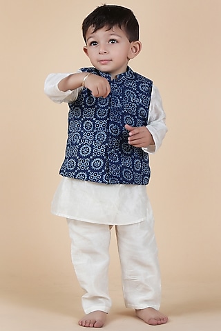 Indigo Cotton Printed Nehru Jacket With Kurta Set For Boys by Tjori