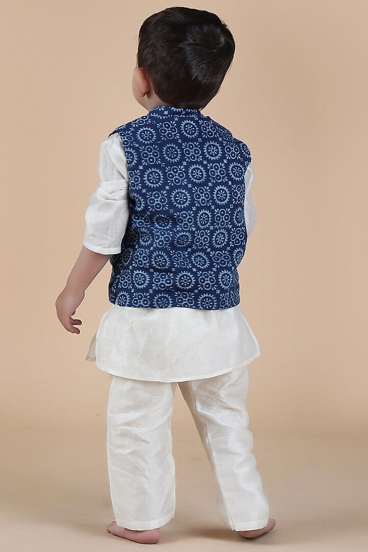Indigo Cotton Printed Nehru Jacket With Kurta Set For Boys by Tjori India pvt ltd at Pernia's Pop Up Shop