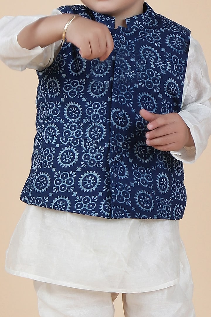 Indigo Cotton Printed Nehru Jacket With Kurta Set For Boys by Tjori India pvt ltd at Pernia's Pop Up Shop