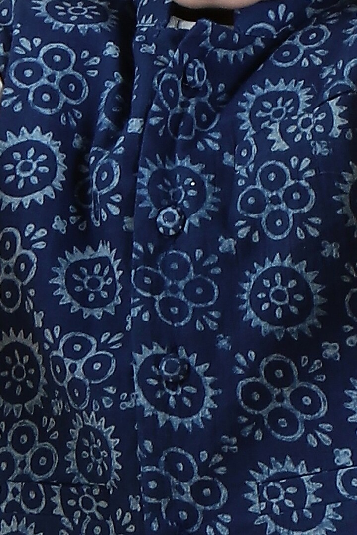 Indigo Cotton Printed Nehru Jacket With Kurta Set For Boys by Tjori India pvt ltd at Pernia's Pop Up Shop