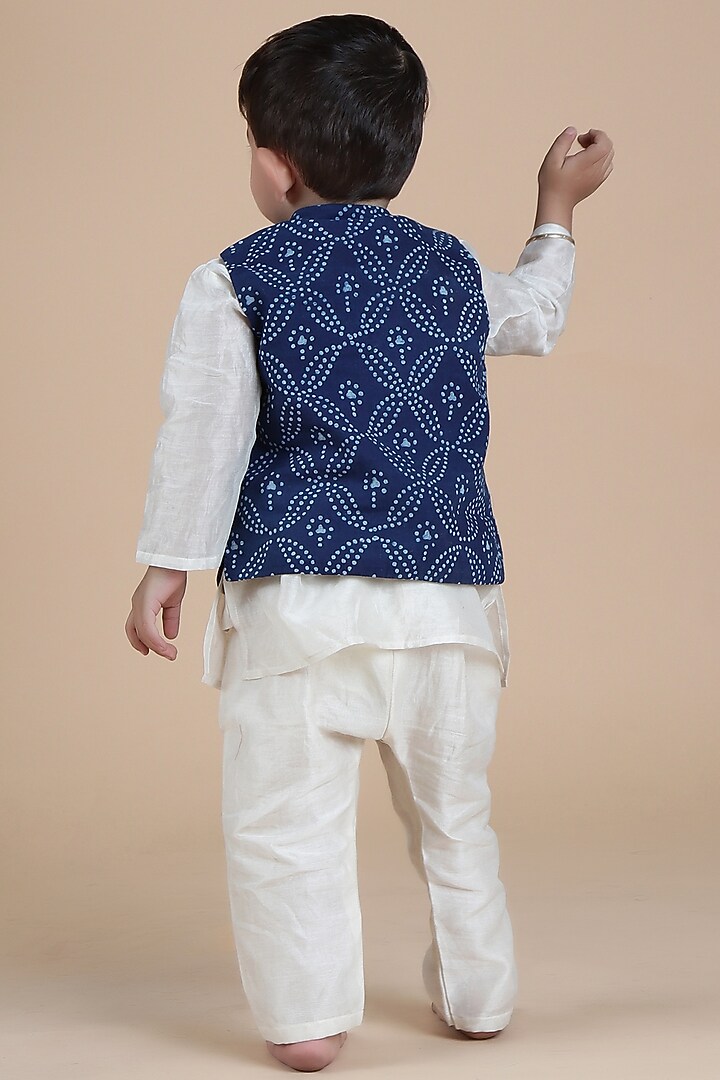 Indigo Cotton Printed Nehru Jacket With Kurta Set For Boys by Tjori India pvt ltd at Pernia's Pop Up Shop