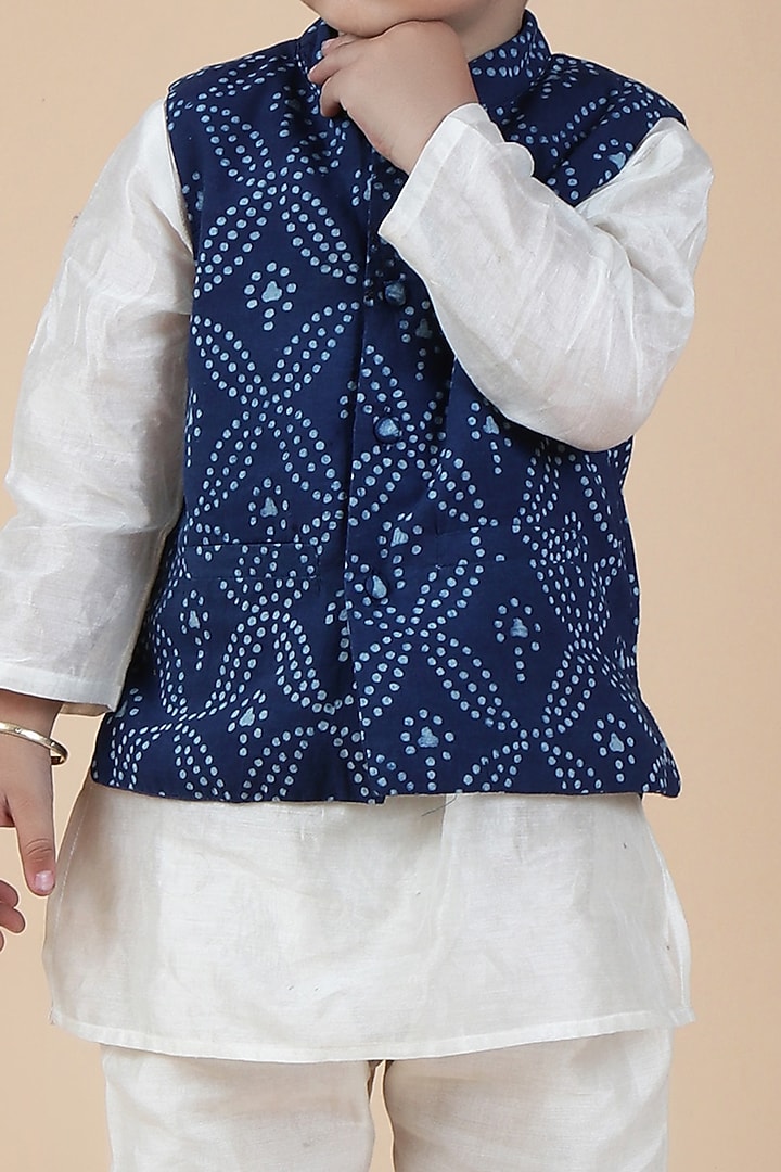 Indigo Cotton Printed Nehru Jacket With Kurta Set For Boys by Tjori India pvt ltd at Pernia's Pop Up Shop