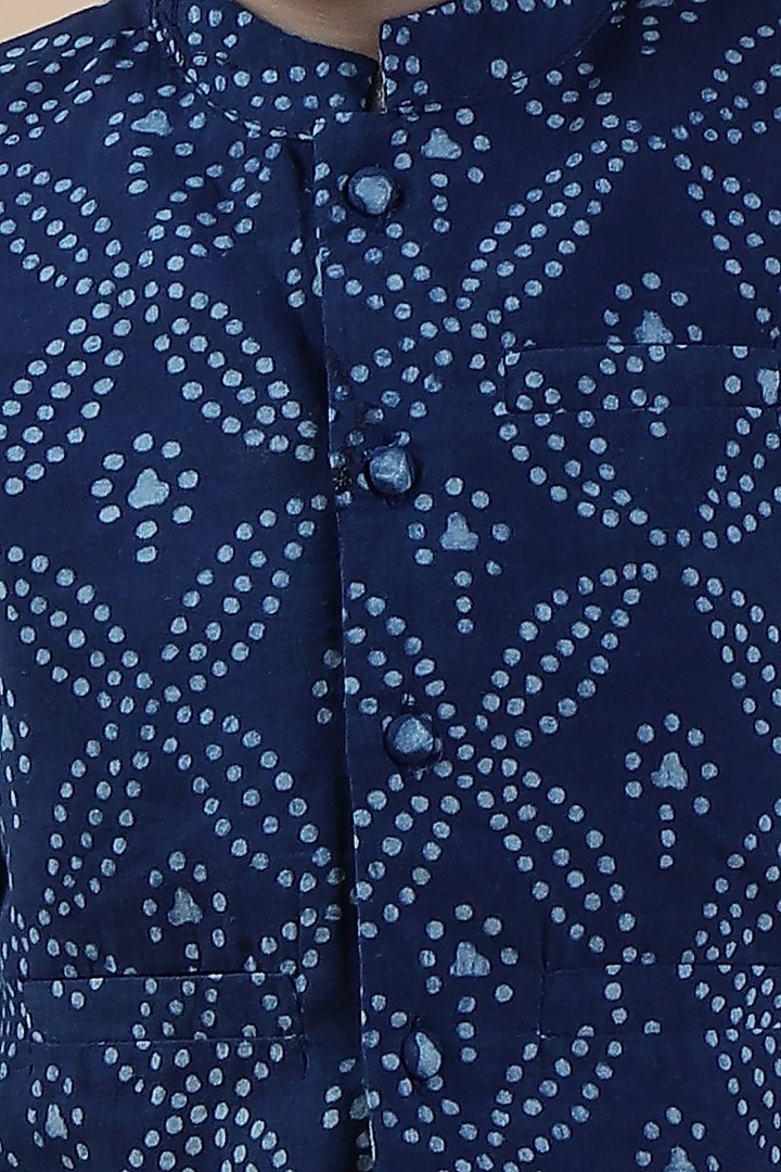 Indigo Cotton Printed Nehru Jacket With Kurta Set For Boys by Tjori India pvt ltd at Pernia's Pop Up Shop